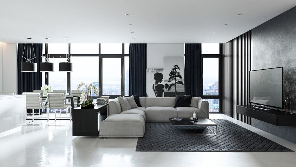 black and white interior