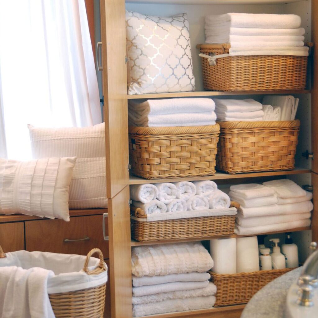 wicker baskets in closet